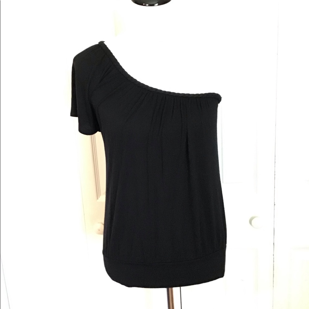 Forever 21 One Shoulder Braided Shirt Black Stretch Top Sm